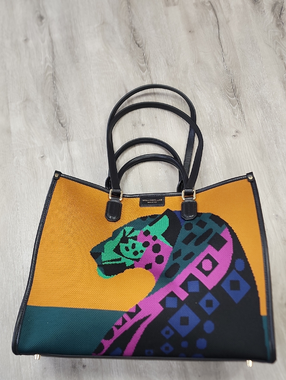 Viola Castellani Leoprd Mural  Canvas Tote Bag in Mustard